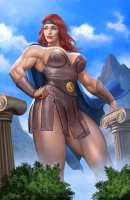 breasts drawing giantess mega color long_hair armor cleavage skirt green_eyes red_hair muscles mountains cosplay leather thighs disney point_of_view cape belt headband bare_legs hercules pillar mtolympuscomics terra