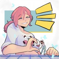 breasts drawing giantess color blue_eyes brunette smiling pink_hair red_hair ponytail heart lesbians shrunken_woman pants top no_background looking_at_tiny bare_midriff phoebe mrmoosegts meghan