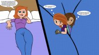 breasts drawing comic color blue_eyes bed green_eyes brunette gloves red_hair kim_possible shrunken_woman pants dark_skin milf disney pillows dialogue ann_possible thought_bubble between_breasts bonnie_rockwaller sir_raptor boob_slave