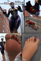 breasts giantess city comic armor toes barefoot buildings foot_crush avengers costume point_of_view dialogue helmet iron_man cracked_pavement purple_nails looking_at_tiny digital_render marvel_comics the_wasp tiz3d