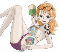 breasts drawing giantess horns mega blonde color large_breasts long_hair handheld one_piece bra glasses brown_eyes ice_cream lying_down shorts tattoo earrings legs_crossed bare_legs bare_midriff nami_(one_piece) missallsunday62