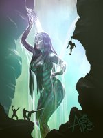 breasts giantess nude mega black_hair long_hair water climbing waterfall cave thighs tattoo waterfall_shower closed_eyes ai_art