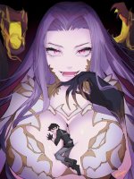 breasts drawing giantess black_hair color large_breasts long_hair cleavage purple_hair smiling gloves boots unknown_artist tall pink_eyes fangs shrunken_man long_nails belt source_needed white_skin medusa yellow_nails gorgon fate/grand_order fate_(series) between_breasts demonic