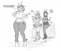 breasts drawing giantess mega monochrome long_hair destruction handheld cleavage skirt high_heels buildings short_hair frakass collar giantesses pants leaning_against_building sweater hair_bow necklace earrings top belt dialogue legs_crossed ripped_nylons thick_thighs pointed_ears antennae bare_midriff