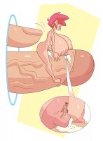breasts drawing nude black_hair color cum penis cleavage huge_breasts milk multiple_sizes red_hair portal shrunken_woman shrunken_man thighs riding earrings on_nipple on_penis portals cippy1997
