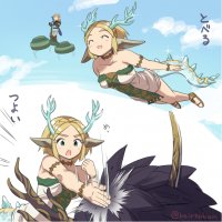 breasts drawing giantess horns tail dragon color green_eyes elf dress sandals monster fighting flying choker bracelet pointed_ears the_legend_of_zelda bare_legs princess_zelda_(the_legend_of_zelda) link_(legend_of_zelda) keirenkun