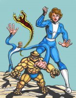 breasts drawing giantess chief mega blonde color robot brunette muscles shorts thing costume fantastic_four doom_patrol dc_comics elasti-girl robotman invisible_woman marvel_comics human_torch mr._fantastic negative_man fusion amalgam martintimmins