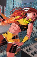 breasts drawing giantess city mega comic color long_hair destruction buildings giganta red_hair muscles shorts abs punch smoke fist costume top flash dc_comics kid_flash bare_midriff
