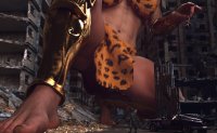 breasts giantess city mega black_hair armor destruction toes barefoot rampage skirt buildings giganta boots muscles dangle vehicles batman thighs crouching costume wonder_woman cape bracelet debris leopard_print pinched digital_render dc_comics loincloth bare_legs batmobile bare_midriff allthesizepuns
