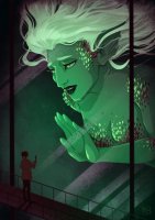 breasts drawing giantess white_hair mega color long_hair cleavage mermaid ponytail glass scientist aquarium scales green_skin looking_at_tiny shirmirart