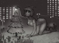 breasts drawing gentle giantess mega monochrome butt buildings shoes superhero christmas gloves crawling mask night thighs costume leotard crowds stars christmas_tree santa_hat bare_legs psuedofolio big_help