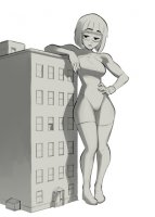 breasts drawing giantess mega monochrome buildings superhero gloves boots mask thighs leaning_against_building costume leotard hands_on_hips no_background bare_legs dumpster psuedofolio big_help