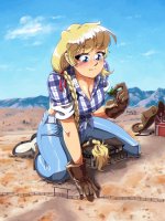 breasts drawing giantess mega blonde color large_breasts long_hair destruction blue_eyes handheld cleavage jeans smiling gloves boots kneeling farm barn farmhouse mountains pants shirt braid fence tractor belt hairband cowboy_hat cracked_ground farmers_daughter shygts