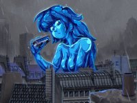 breasts drawing giantess city mega color long_hair handheld cleavage water buildings bus blue_skin london rain fog rooftop shygts water_element