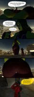 breasts giantess city mega comic long_hair butt handheld buildings green_eyes gloves green_hair muscles mask night costume deadpool belt dialogue thick_thighs green_skin looking_at_tiny digital_render she-hulk spider-man marvel_comics binoculars trc_tooniversity