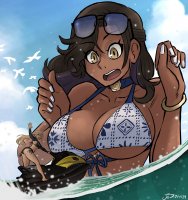 bikini breasts drawing giantess mega black_hair color beach water ocean yellow_eyes surprised sunglasses dark_skin outdoors wading jetski laying videajames