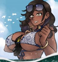 bikini breasts drawing giantess mega black_hair color beach cleavage water ocean yellow_eyes sunglasses dark_skin outdoors wading on_boobs laying videajames