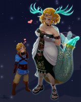 breasts drawing giantess horns blonde color large_breasts blue_eyes cleavage gloves elf dress mini_giantess boots sandals heart earrings belt stars looking_at_tiny pointed_ears the_legend_of_zelda link_(the_legend_of_zelda) princess_zelda_(the_legend_of_zelda) xendrawsthings tail