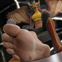 breasts micro wings alien vixen black_hair long_hair butt toes barefoot slave red_hair boots foot_worship sitting shrunken_woman mask pants dark_skin chair costume wonder_woman point_of_view top digital_render dc_comics bare_midriff looking_at_tinies vixen_(dc) hawkgirl dwighteisenhower