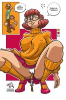 breasts drawing giantess panties upskirt color large_breasts blue_eyes skirt glasses shoes brunette socks red_hair short_hair thighs crouching sweater dialogue no_background looking_at_tiny bare_legs scooby_doo velma_dinkley shaggy cartoon_network guffawingart