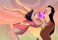 breasts drawing giantess city black_hair color blue_eyes crossover barefoot buildings giganta red_hair ponytail dress mandy shorts fighting closed_eyes totally_spies earrings top belt ripped_clothing dc_comics bare_midriff atomictiki