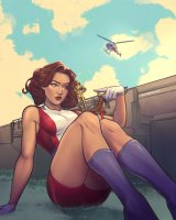 breasts drawing giantess mega color butt buildings helicopter green_eyes brunette gloves short_hair boots sitting shorts costume doom_patrol belt wall dc_comics lili on_knee robotman trench_coat negative_man looking_at_tinies elasti_girl rita_farr