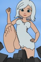 breasts drawing giantess white_hair giga city mega color blue_eyes toes barefoot buildings ginormica dress short_hair monsters_vs_aliens point_of_view hands_on_hips imminent_crush susan_murphy jennygiantess