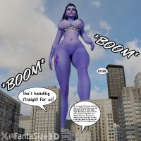 breasts nipples giantess nude pussy city mega black_hair large_breasts toes yellow_eyes tattoo earrings dialogue purple_skin digital_render overwatch widowmaker fantasize3d