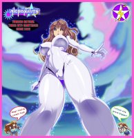 breasts drawing giantess color long_hair cleavage brunette yellow_eyes camel_toe daisy underboob uniform shorts thighs point_of_view looking_at_viewer jumpsuit pointing dialogue orange_hair flower_in_hair saffireprowler micronauts rammy ramaduka_jennings shrynkrae