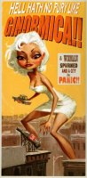 breasts drawing giantess white_hair city mega color butt handheld cleavage buildings ginormica dress short_hair parody vehicles poster red_nails monsters_vs_aliens soda bending_forward sign attack_of_the_50_foot_woman bare_legs susan_murphy dreamworks concept_art