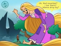 breasts drawing giantess feet mega blonde color long_hair toes barefoot skirt playful green_eyes brunette smiling dress looking_down mountains rock outdoors freckles disney trees tangled pointing bending_down dialogue looking_at_tiny rapunzel spunkbug tangled_the_series