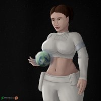 breasts drawing giantess giga space comic color large_breasts planet brunette brown_eyes smiling short_hair star_wars pants thighs top belt ripped_clothing stars looking_at_tiny cosmic_giantess hair_bun bare_midriff padme_amidala padme svenyatta senator naboo