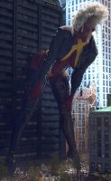 breasts giantess white_hair panties city mega large_breasts butt swimsuit robot cleavage bra high_heels buildings butt_crush smiling boots storm vehicles dark_skin thighs leaning_against_building mohawk jacket costume thigh_highs lightning crowds running_away x-men police_car mutant zipper digital_render marvel_comics sentinel clothing_entrapment hand_on_knee allthesizepuns