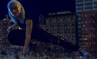 breasts giantess white_hair city mega buildings shoes street ginormica short_hair kneeling night thighs fist crouching monsters_vs_aliens jumpsuit crowds running_away water_tower digital_render susan_murphy dreamworks allthesizepuns