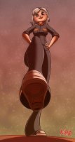 breasts drawing giantess white_hair mega color large_breasts blue_eyes soles shoes smiling ginormica short_hair cartoon thighs monsters_vs_aliens point_of_view looking_at_viewer belt jumpsuit hands_on_hips imminent_crush no_background susan_murphy dreamworks kisparlius