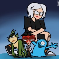 breasts drawing giantess white_hair mega color ginormica short_hair kneeling monsters_vs_aliens looking_at_viewer jumpsuit no_background dreamworks blob doctor_cockroach b.o.b. missing_link aidandefrehn