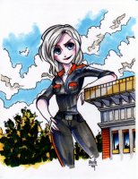 breasts drawing giantess white_hair mega color blue_eyes buildings smiling ginormica short_hair clouds leaning_against_building monsters_vs_aliens looking_at_viewer belt jumpsuit hands_on_hips susan_murphy dreamworks david_meza