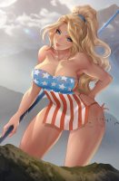 breasts drawing giantess mega blonde color large_breasts long_hair blue_eyes cleavage ponytail dress mountains apron hairband spear bare_legs flag_bra mtolympuscomics larissa