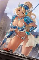 breasts drawing giantess panties city mega blonde color long_hair armor cleavage skirt buildings ponytail highway vehicles thighs spear gauntlets mtolympuscomics larissa