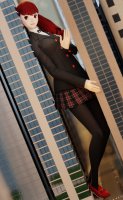 breasts giantess city mega long_hair skirt buildings shoes smiling red_hair tights uniform background leaning_against_building between_buildings digital_render persona_5 kasumi_yoshizawa fioracle