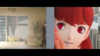 giantess city mega long_hair buildings red_eyes tiny multiple_sizes smiling red_hair table chair background leaning_against_building red_nails joker digital_render persona_5 kasumi_yoshizawa fioracle