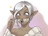 drawing giantess white_hair color glasses elf short_hair shrunken_man dark_skin sweater grey_eyes no_background looking_at_tiny bubimun hanging_from_glasses