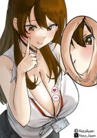 breasts drawing giantess comic color large_breasts long_hair cleavage skirt huge_breasts brunette brown_eyes shrunken_man choker shirt point_of_view earrings office_lady no_background looking_at_tiny cutaway between_breasts mazo_kunn