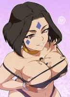 breasts drawing giantess panties black_hair color cleavage bra huge_breasts brown_eyes smiling gloves short_hair shorts collar shrunken_man tattoo source_needed no_background looking_at_tiny bare_legs cupping_breasts bare_midriff between_breasts hollewdz