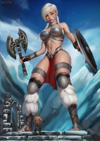 breasts drawing giantess white_hair mega blonde color large_breasts blue_eyes sword fantasy toes barefoot bra boots muscles mountains pants thighs tattoo choker ruins braid belt stars axe shield viking looking_at_tiny loincloth gauntlets adgts