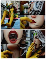 breasts vore city comic tongue handheld buildings brunette gloves boots sitting shrunken_man open_mouth dangle jacket costume burp belt x-men digital_render marvel_comics rogue_(x-men) hair_streak solidsunny