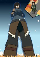 breasts drawing growth giantess city mega black_hair color blue_eyes skirt buildings multiple_sizes smiling gloves short_hair boots uniform mountains pants dark_skin avatar belt korra zeppelin looking_at_tiny hair_bun legend_of_korra cutaway misterj02 kuvira