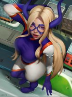 breasts drawing giantess horns city mega blonde color large_breasts long_hair buildings purple_eyes gloves street boots mask vehicles thighs costume looking_at_viewer my_hero_academia mt._lady adgts