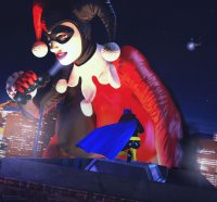breasts giantess city large_breasts butt handheld buildings helicopter red_hair boots harley_quinn mask batgirl vehicles batman night truck cape belt jetslasher rooftop digital_render dc_comics
