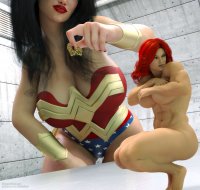 breasts nude black_hair large_breasts long_hair barefoot cleavage giganta red_hair muscles abs shrunken_woman teasing thighs crouching costume wonder_woman bending_down bracelet jetslasher covering_breasts lasso leopard_print digital_render dc_comics bare_legs